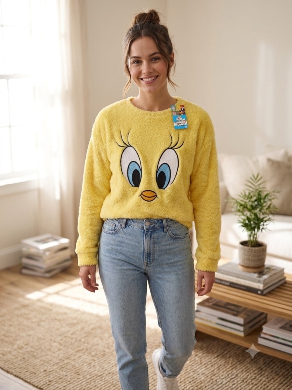 Warner Bros. Tweety Plush Face Crewneck Sweater - Yellow